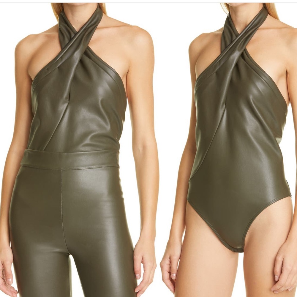 Alix NYC Faux Leather Bodysuit Halter Thong Olive Green L 8/10 NWT - Picture 5 of 12
